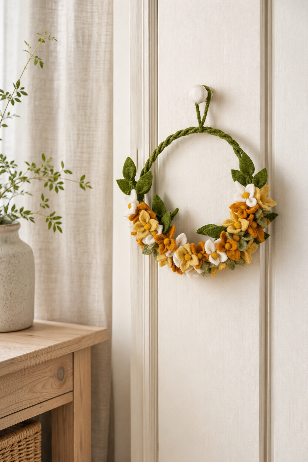 Gry & Sif felt floral door hanger styled on a wooden door in a soft, Scandinavian-inspired interior with warm natural light.