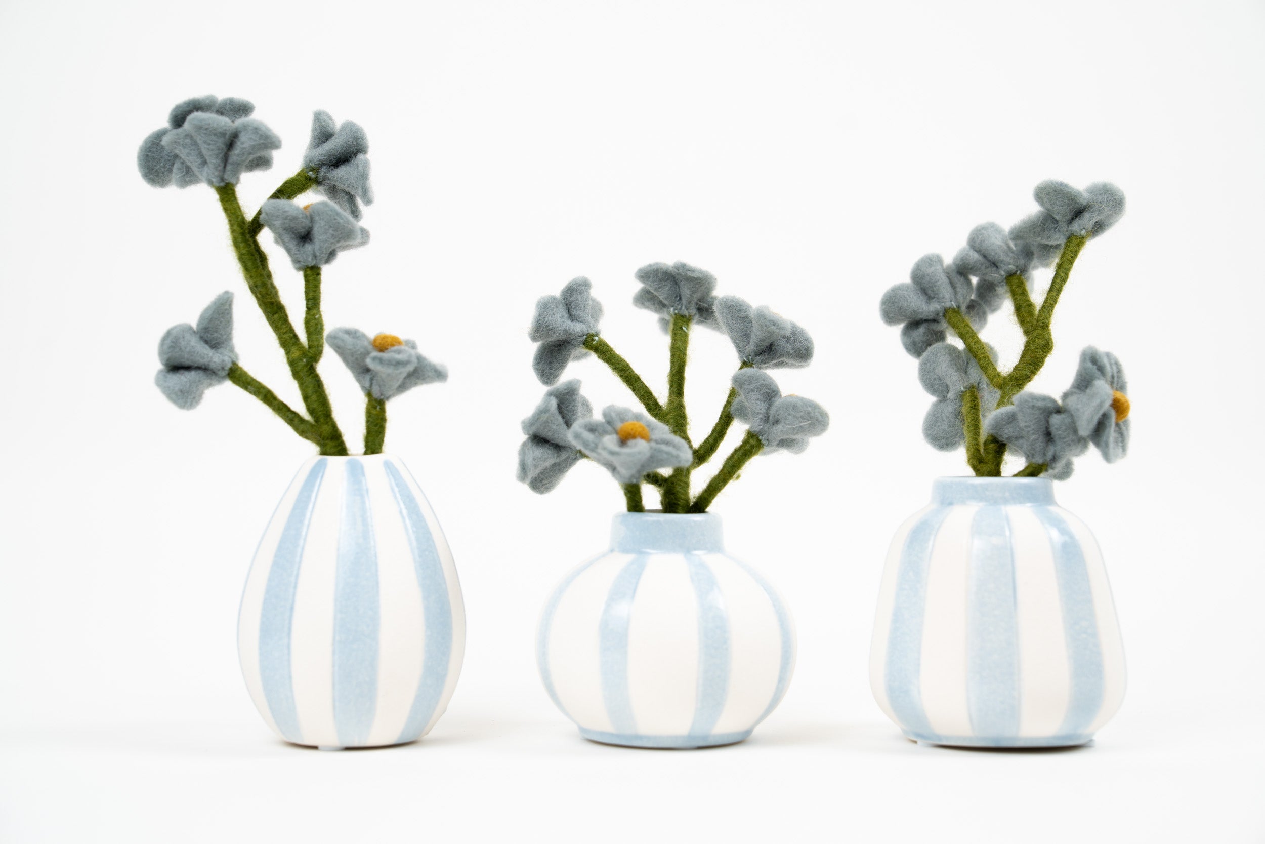 Gry & Sif felt flower trio in blue and white decorative vases