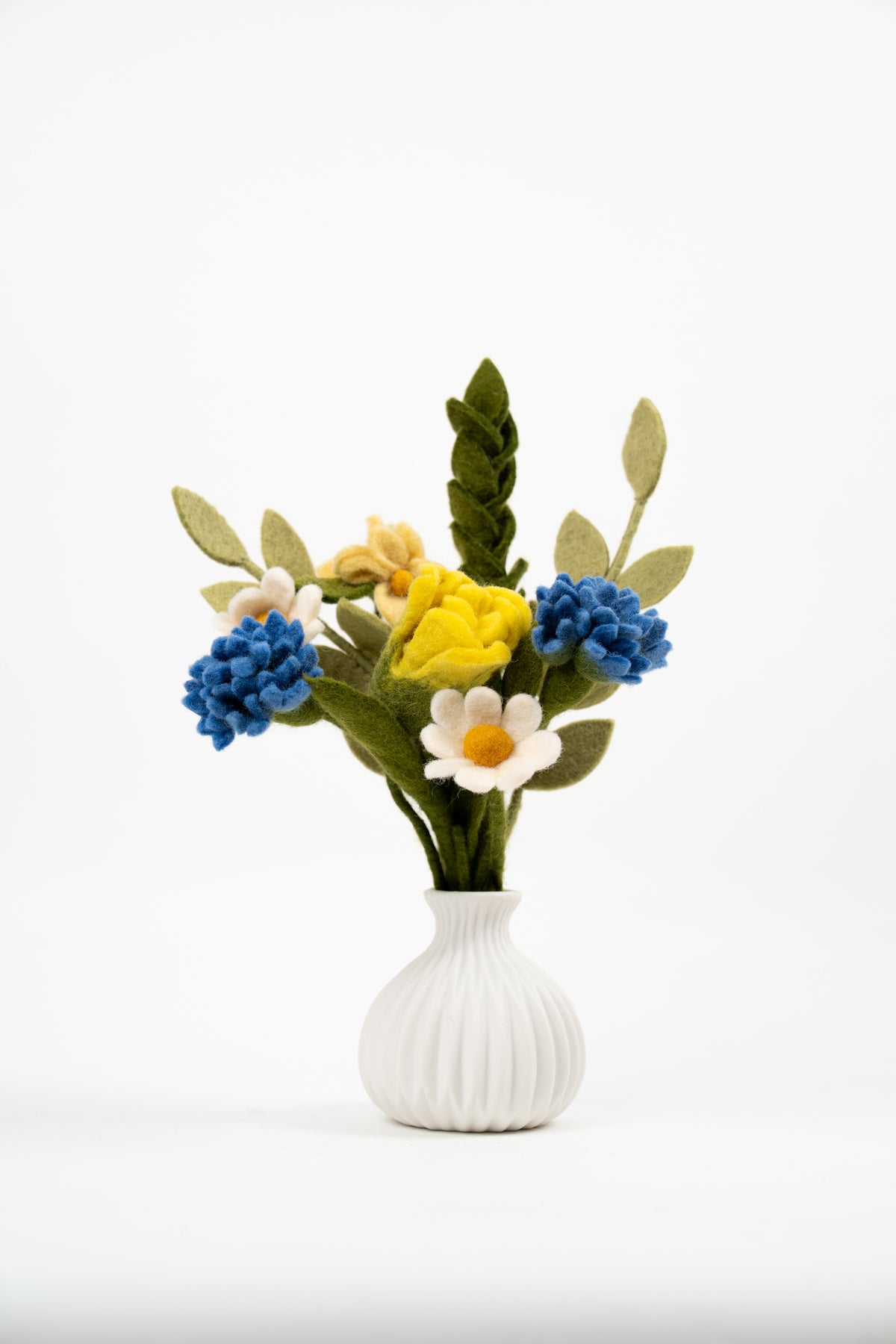 Gry & Sif spring felt flower bouquet in blue yellow and white handmade fair trade decoration