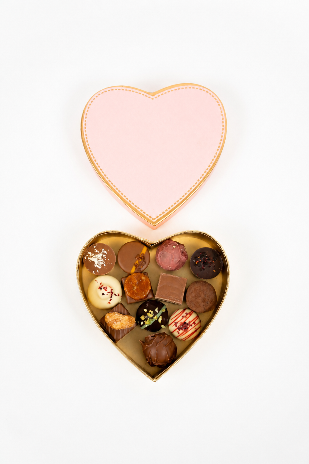 Heart-shaped chocolate gift box filled with assorted artisan pralines and truffles in elegant pink packaging.
