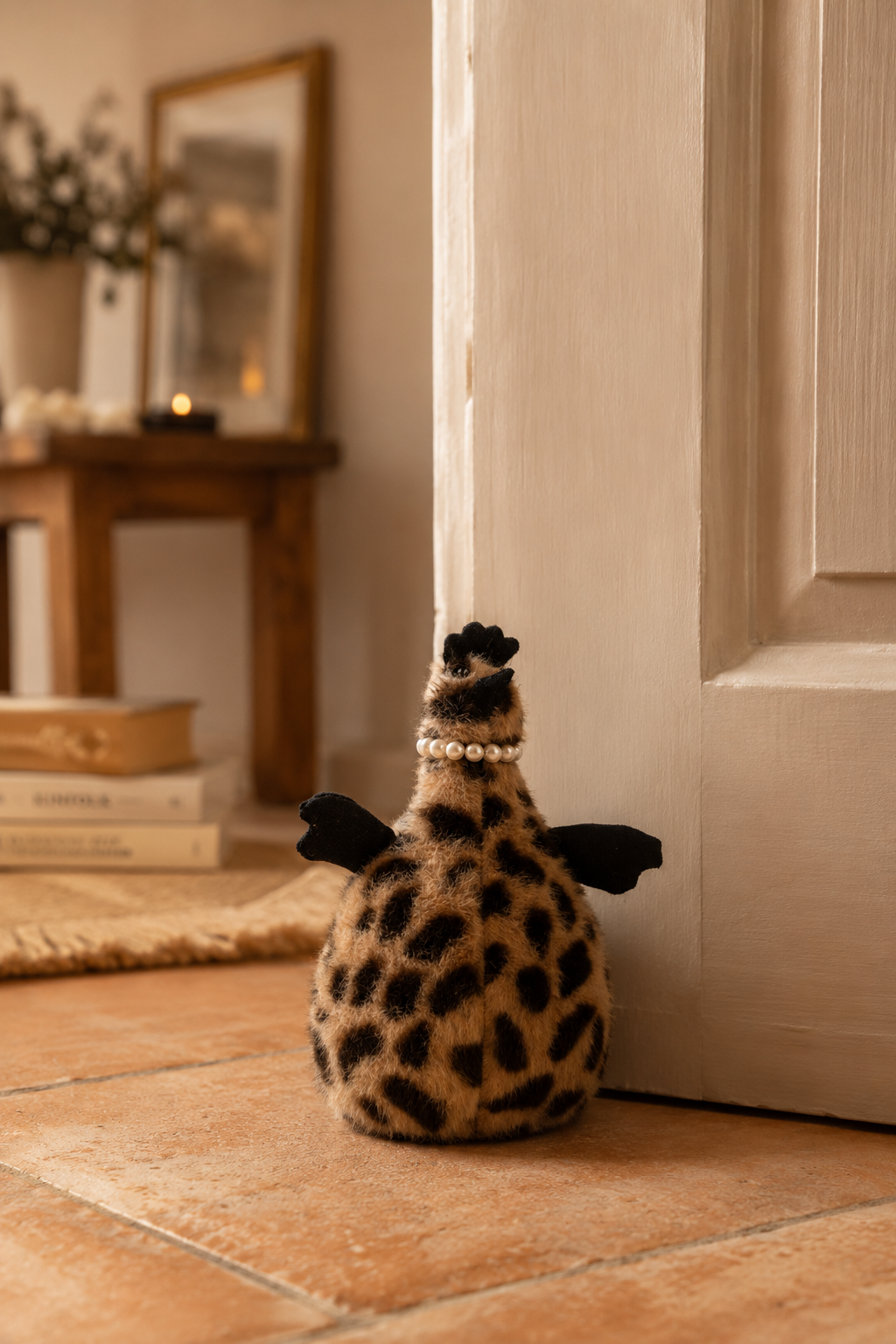Leopard-print bird-shaped plush door stopper beside a cream wooden door in a warm cosy interior with soft ambient lighting.