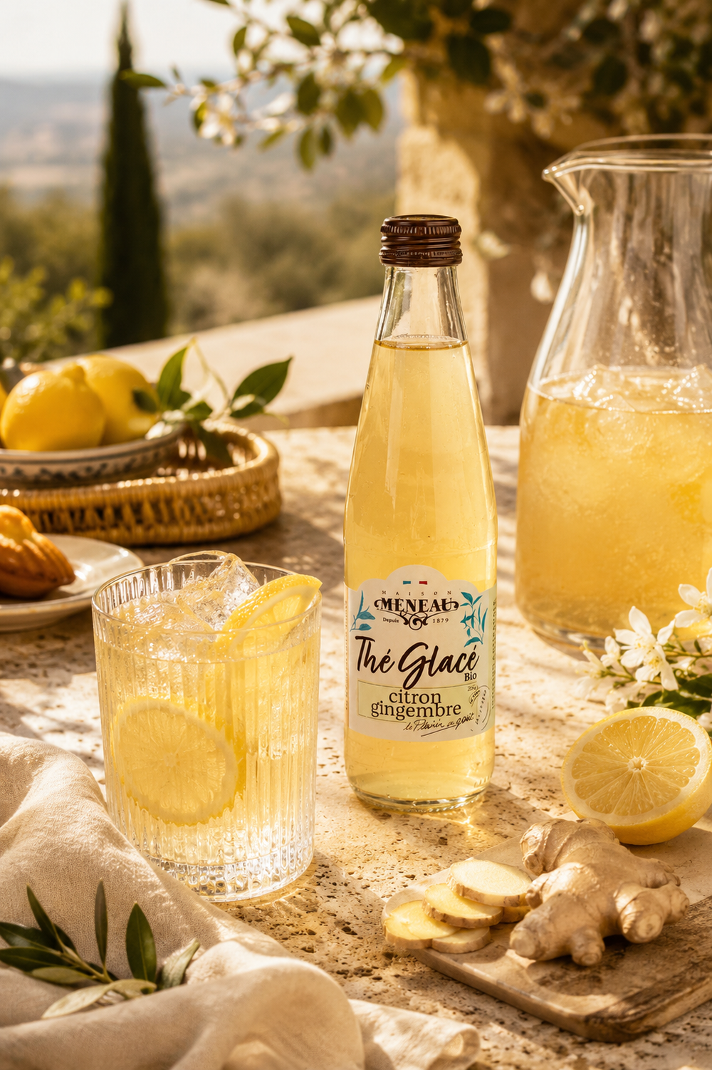 Maison Meneau organic lemon ginger iced tea served with fresh lemon and ice on a refined summer terrace table