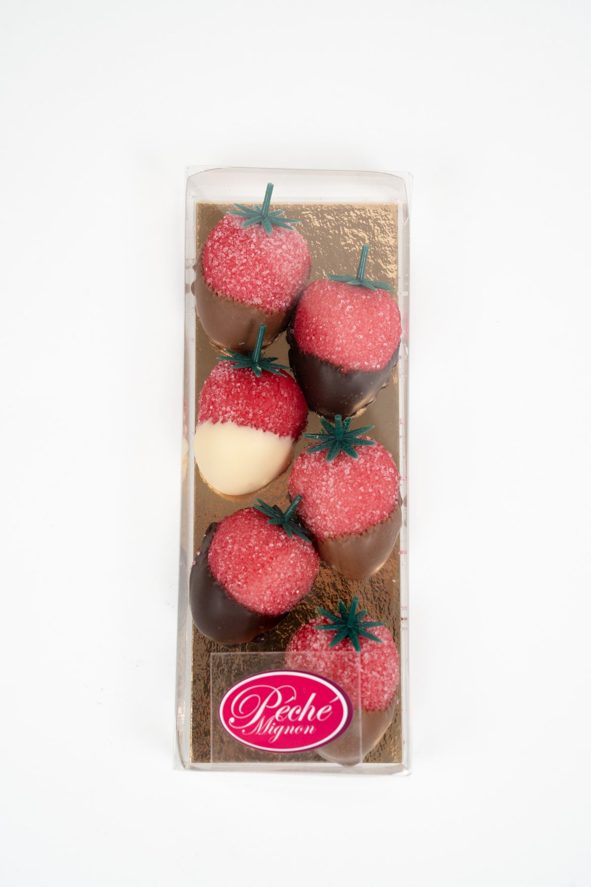 Box of chocolate-coated marzipan strawberries with a crunchy sugar coating