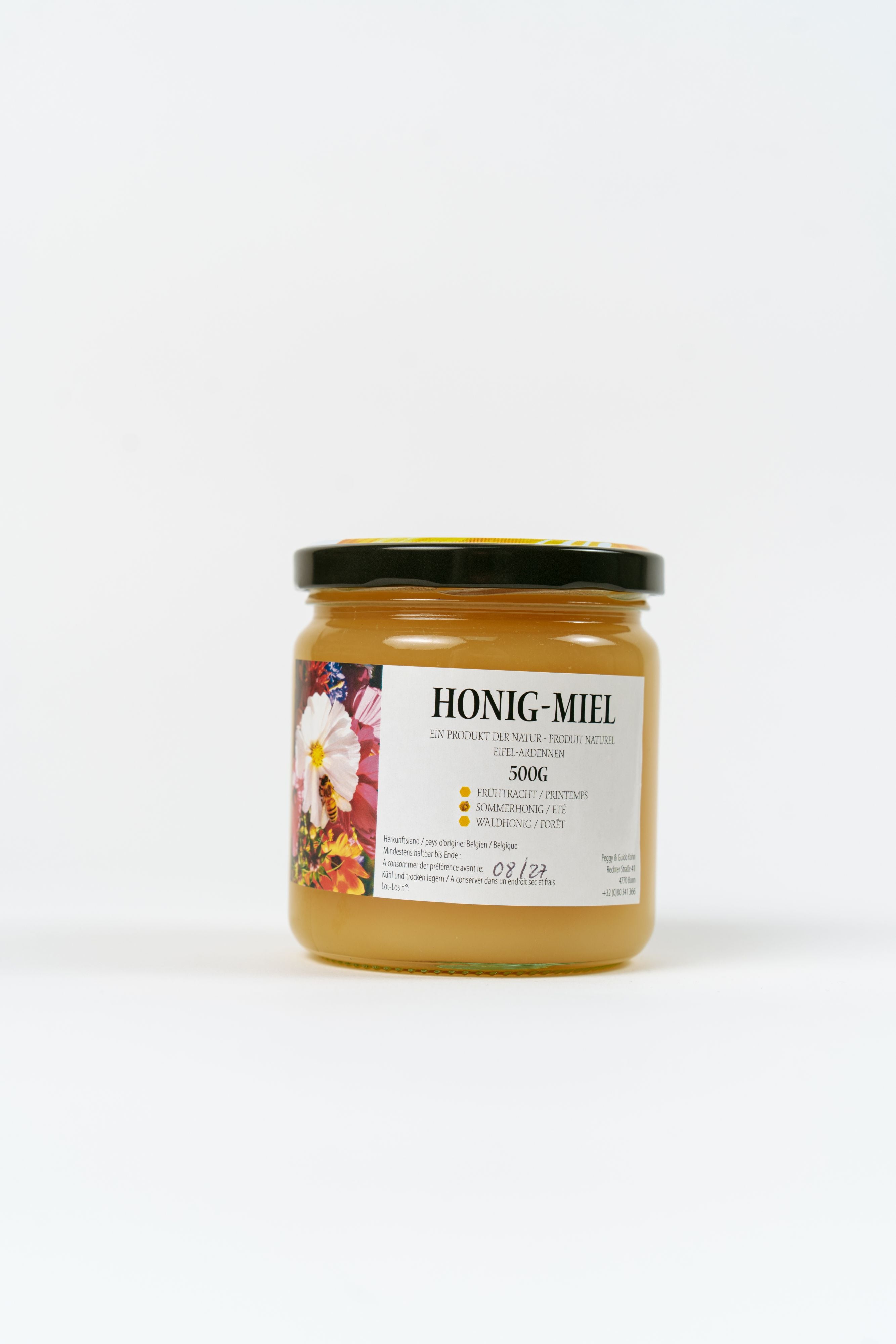 Pot de miel artisanal belge 500g avec étiquette Honig Miel sur fond blanc