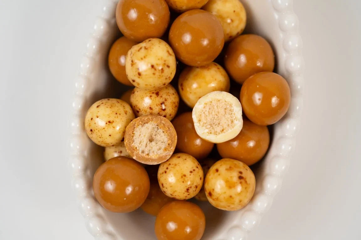 Close-up of crisp puffed rice balls coated in chocolate