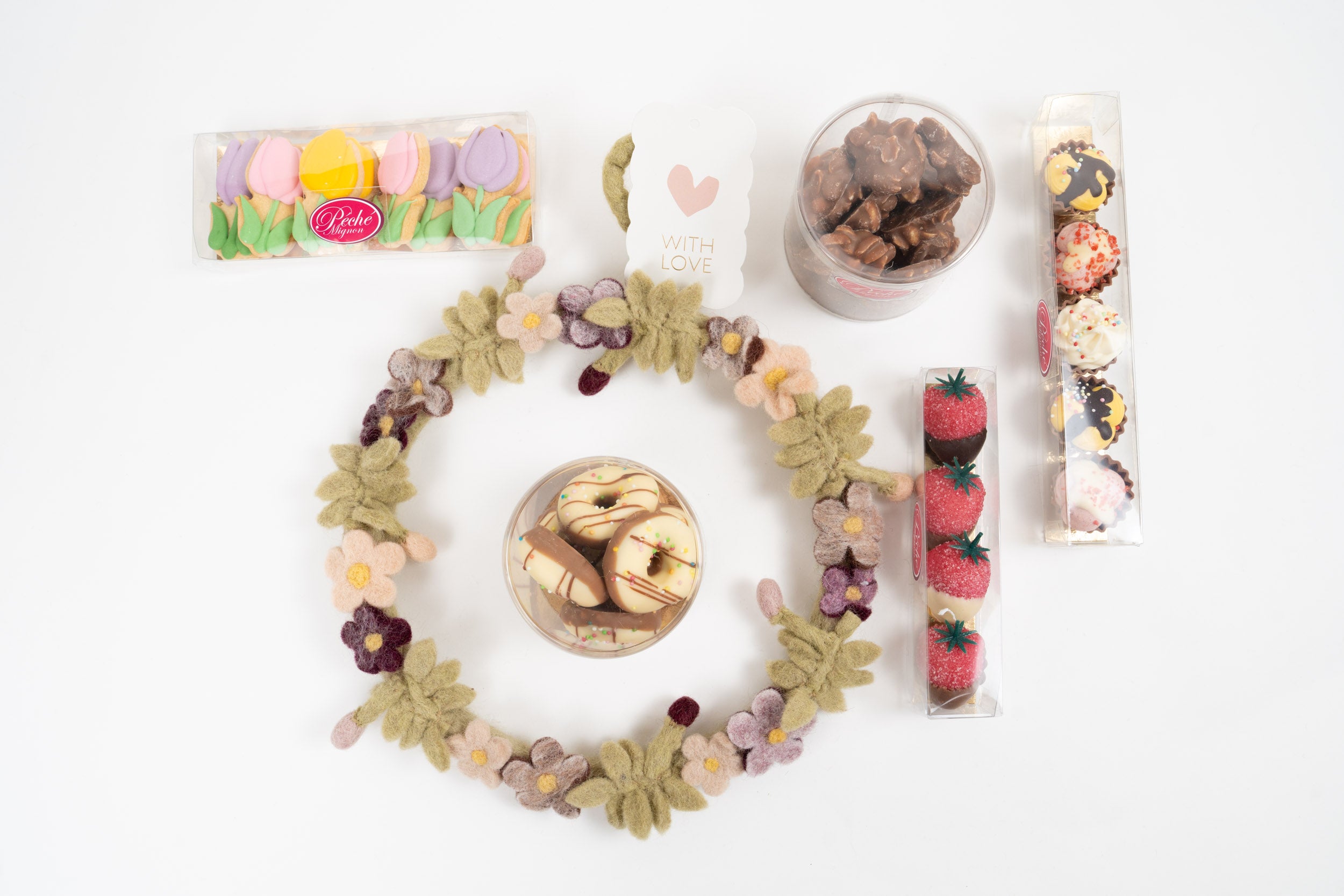 Péché Mignon Mother’s Day gift set with felt flower wreath, chocolates, biscuits and assorted gourmet sweets