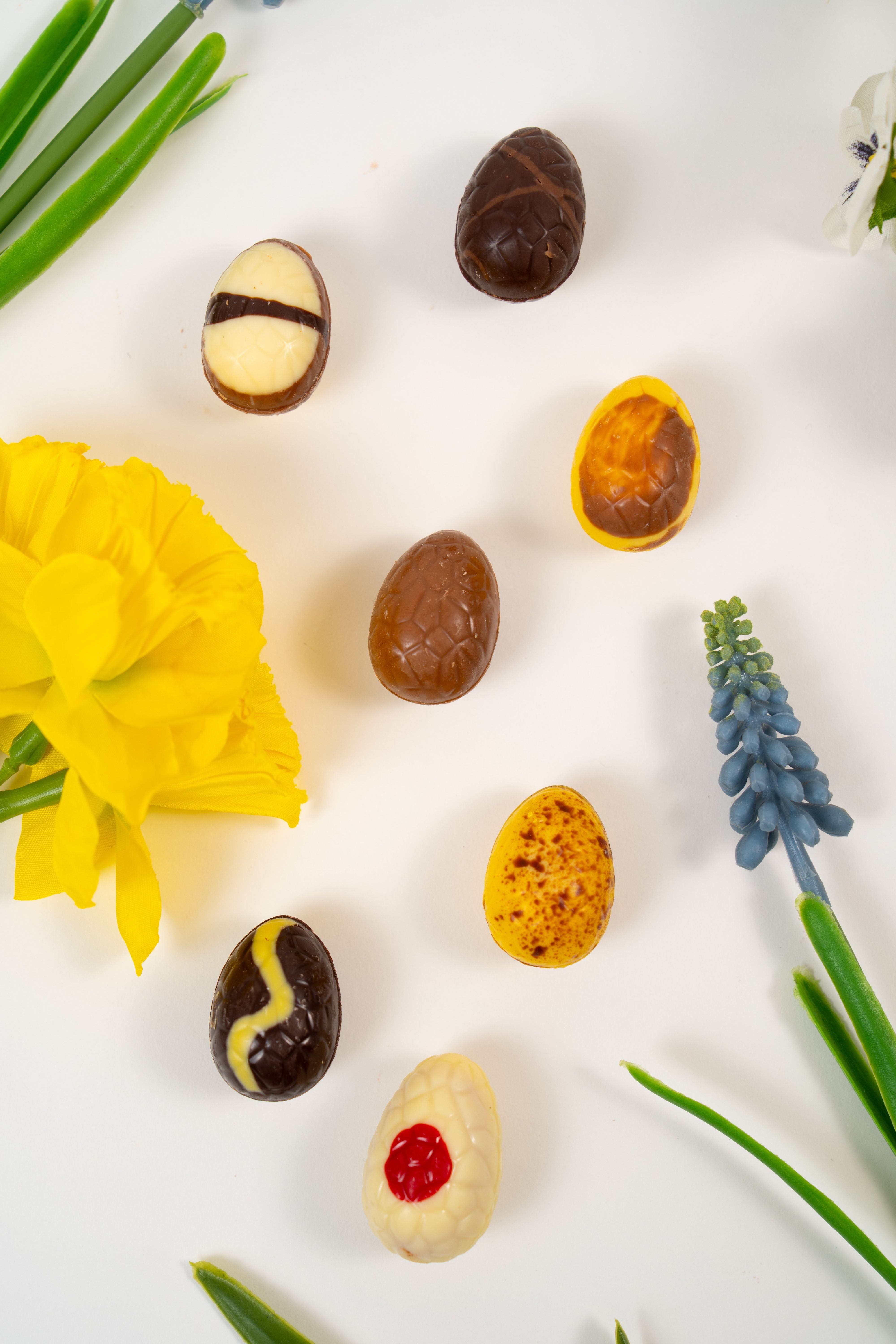 Sélection d'œufs de Pâques artisanaux aux chocolats variés, incluant ganache framboise et chocolat blanc, disposés parmi des fleurs de printemps pour l'Univers de Pâques.