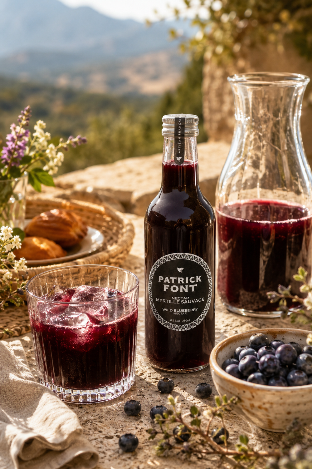Patrick Font Wild Blueberry Nectar served in an elegant iced glass with fresh blueberries on a sunlit gourmet brunch table in a refined countryside setting.