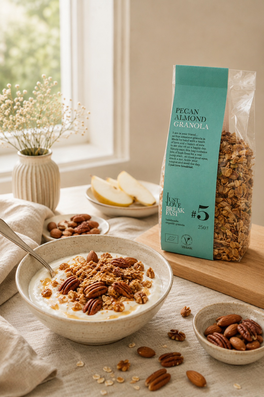 Pecan Almond Granola organic breakfast granola in turquoise packaging with visible oat, pecan and almond granola mix.