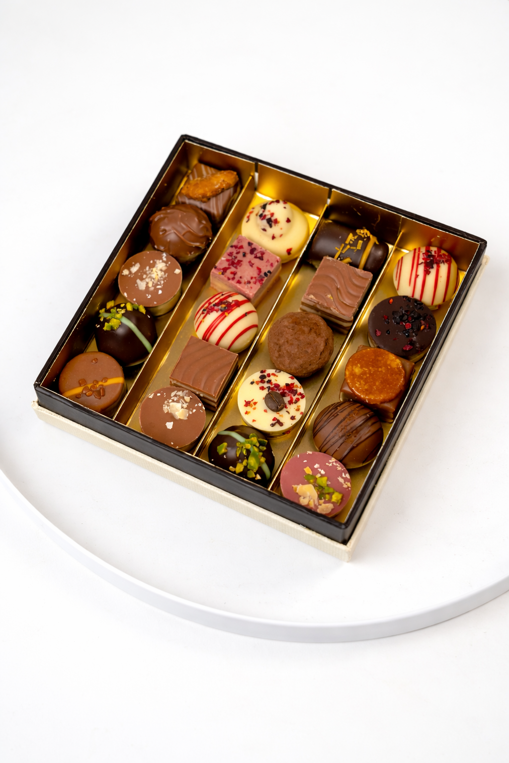 Coffret de pralines premium 220g présenté en angle sur un support – Péché Mignon