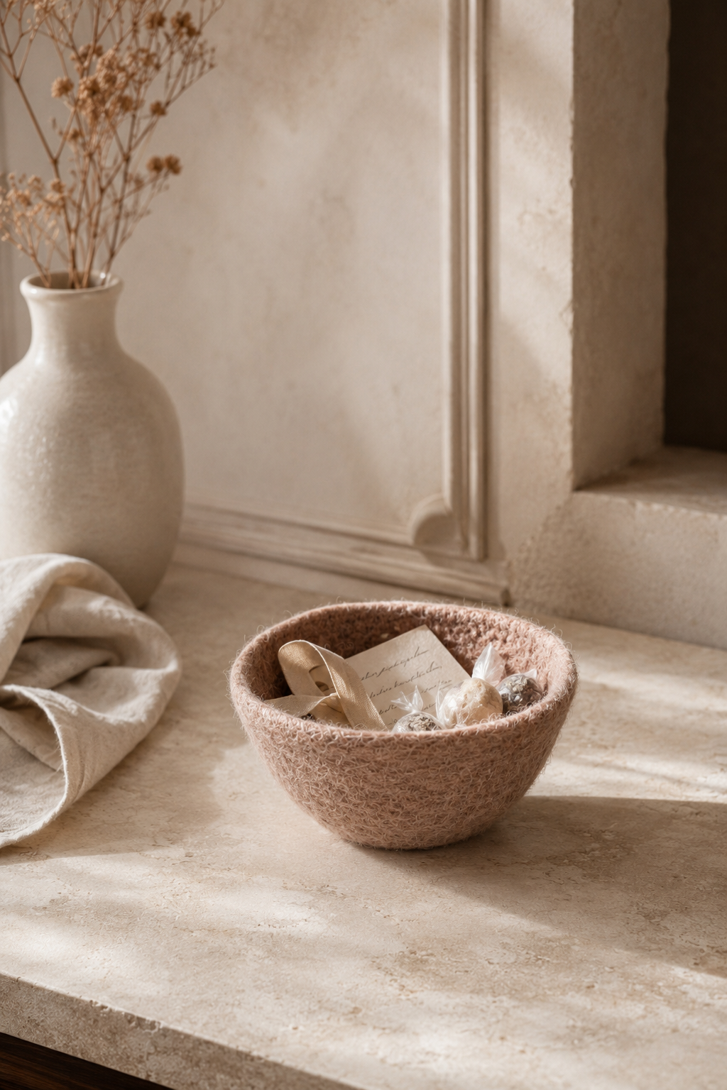 Gry & Sif rose felt basket styled with wrapped treats, ribbon, and a handwritten note in warm natural light.