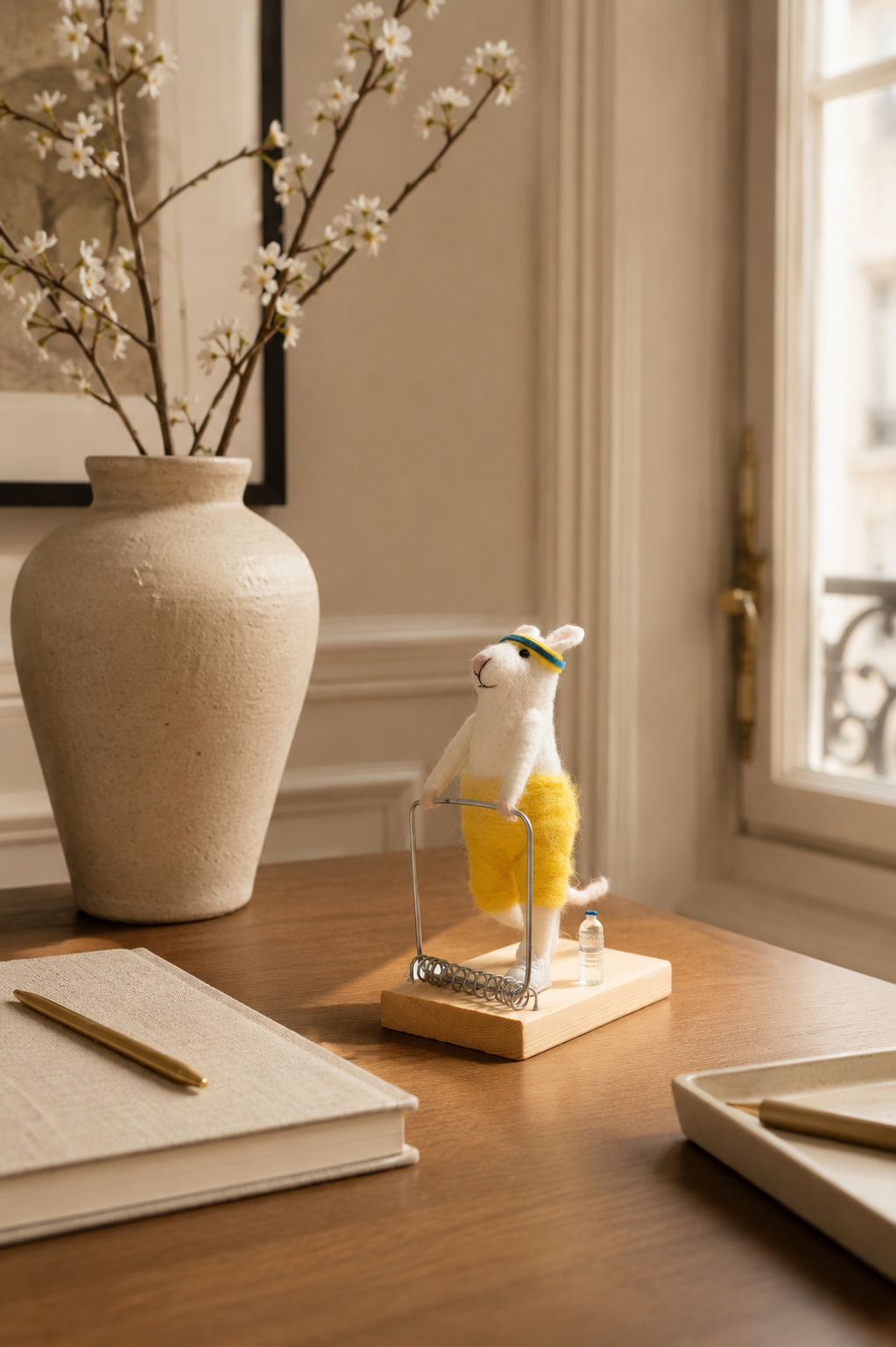 Figurine souris sportive en feutre sur un bureau en bois avec vase, carnet et stylo.