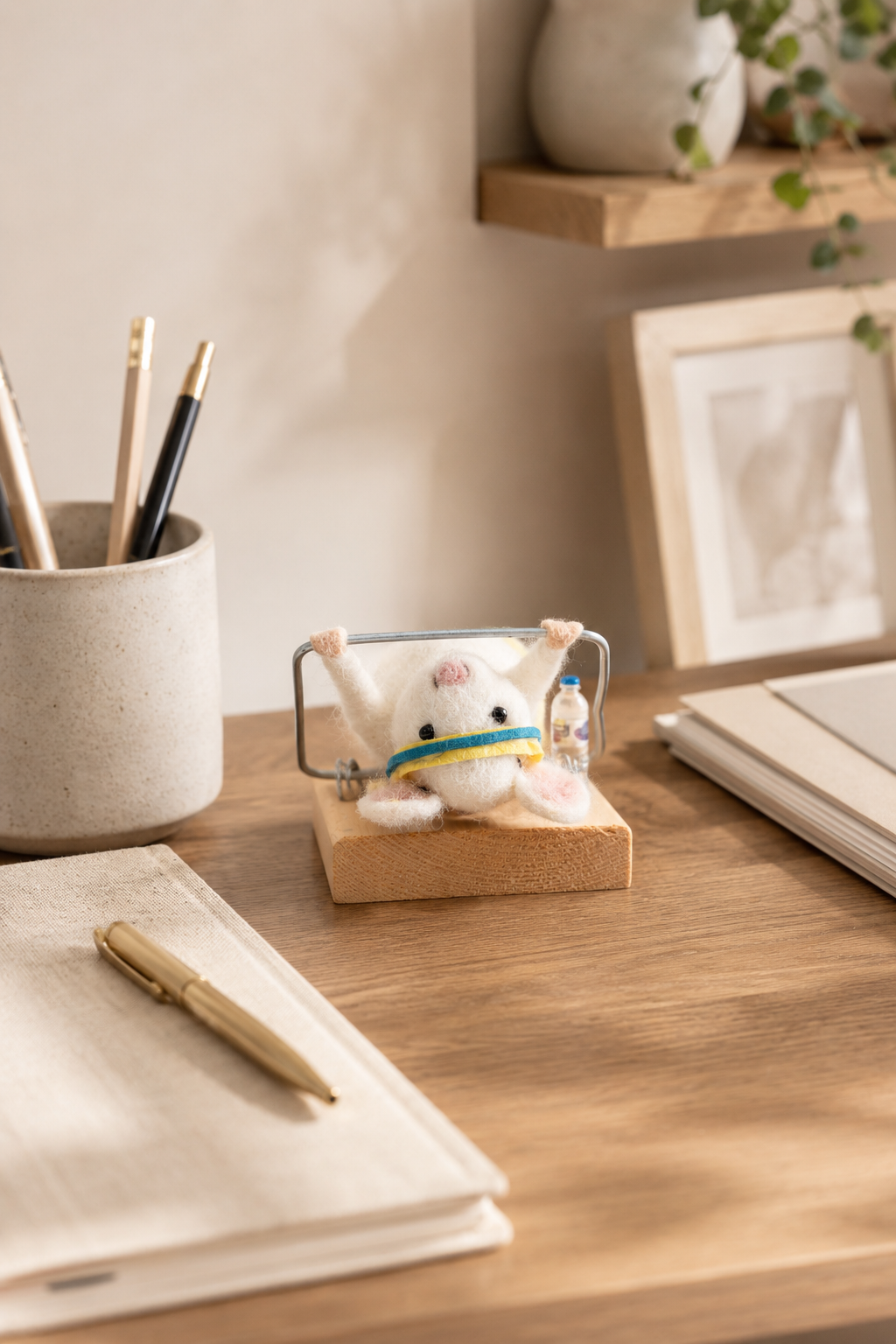 Figurine décorative La Souris Abdos en feutre, posée sur un bureau en bois avec barres d’exercice miniatures.
