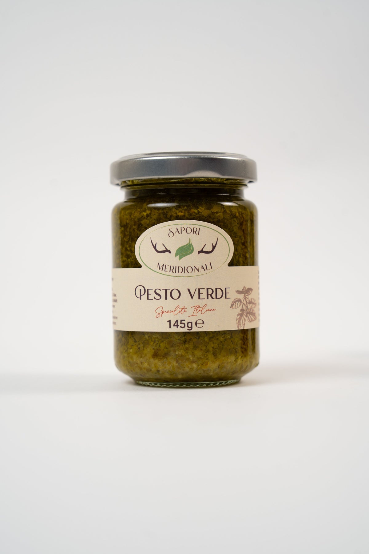 Pot de pesto verde artisanal au basilic Genovese AOP et huile d'olive extra vierge.