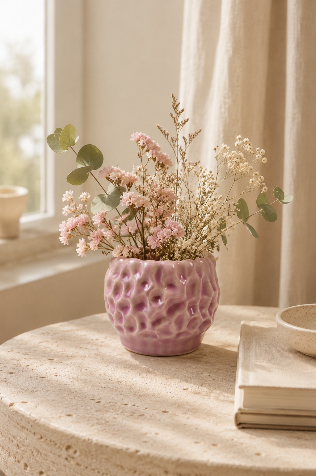 Pink textured ceramic flower pot styled with delicate blush flowers on a linen-covered table in a soft Scandinavian-inspired interior with warm natural light.
