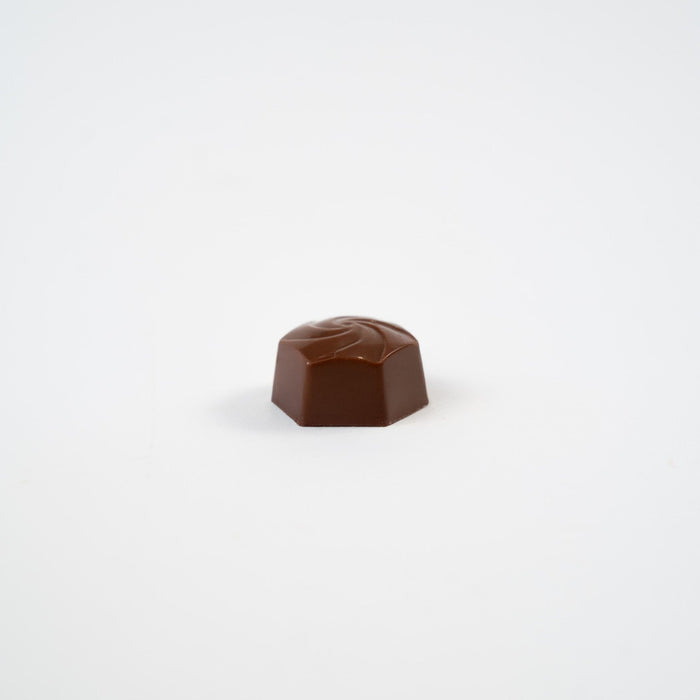 Artisan Belgian Beurre Salé Lait praline in milk chocolate with salted butter caramel, on a white background.
