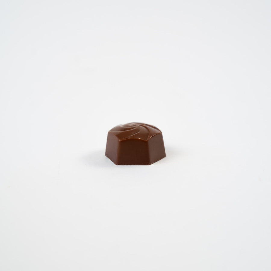 Artisan Belgian Beurre Salé Lait praline in milk chocolate with salted butter caramel, on a white background.