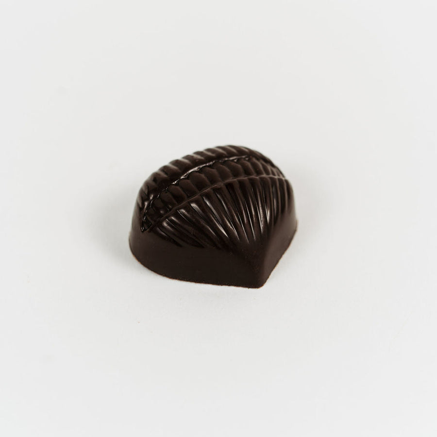 Artisan Belgian Cookies praline in dark chocolate with cream, biscuit and hazelnut, on a white background.