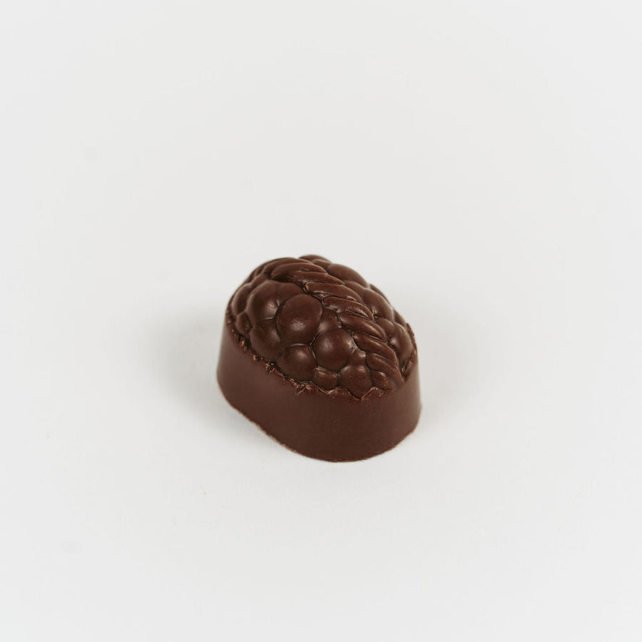 Artisan Belgian Emelyne praline in milk chocolate with banana and kiwi fondant, on a white background.