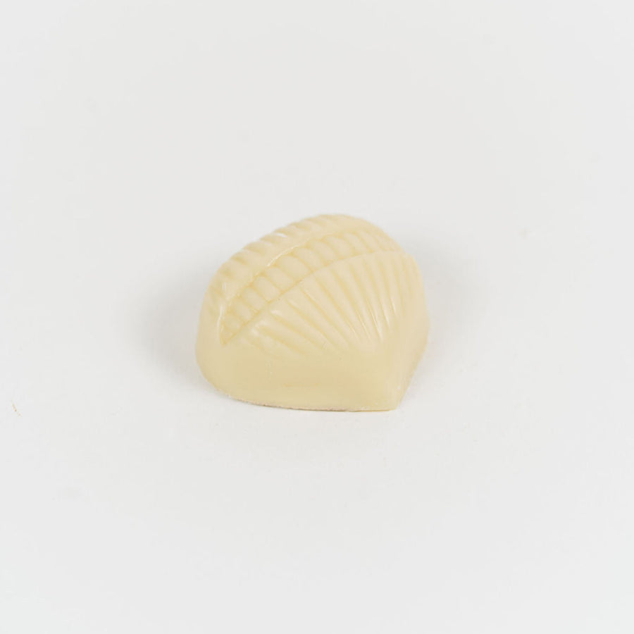 Artisan Belgian Feuilletine Blanc praline in white chocolate with praline, hazelnuts and caramelised nut pieces, on a white background.