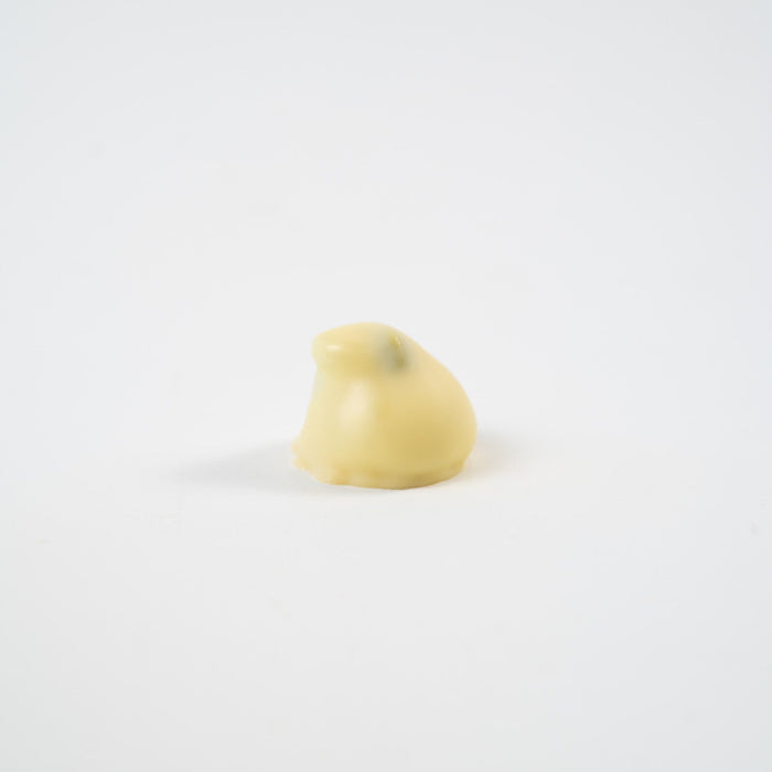 Artisan Belgian Manon Pistache praline in white chocolate with fresh cream and pistachio, on a white background.