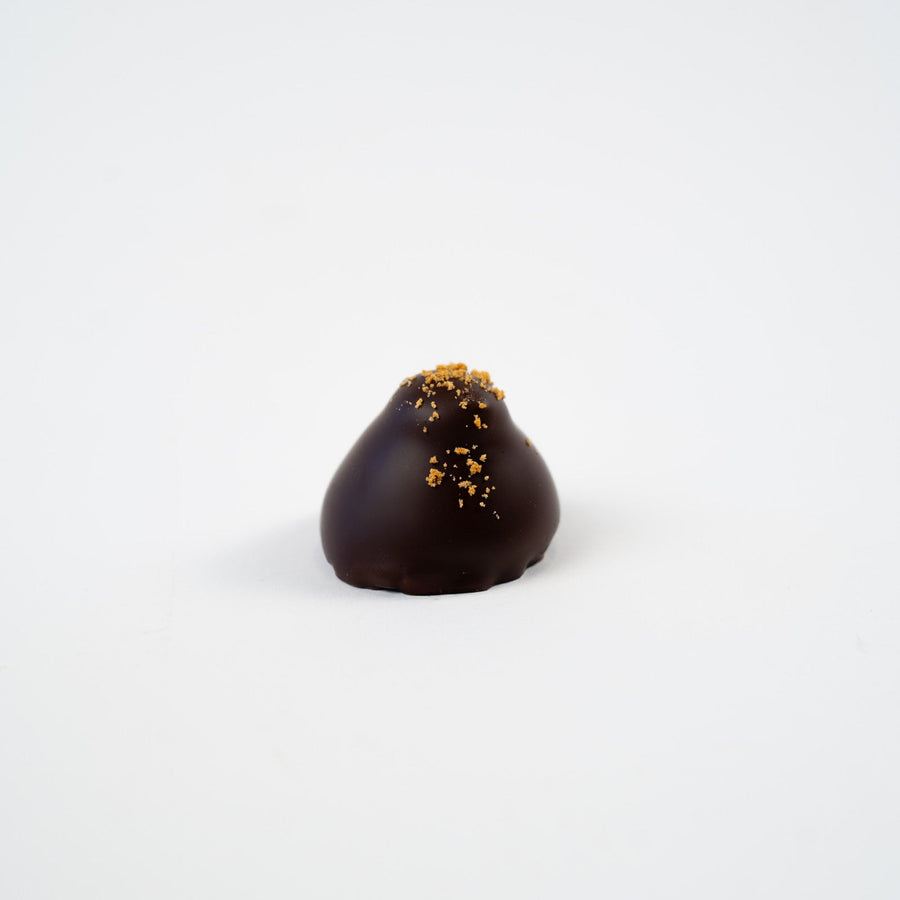 Artisan Belgian Spéculoos praline in dark chocolate with buttercream and speculoos, on a white background.
