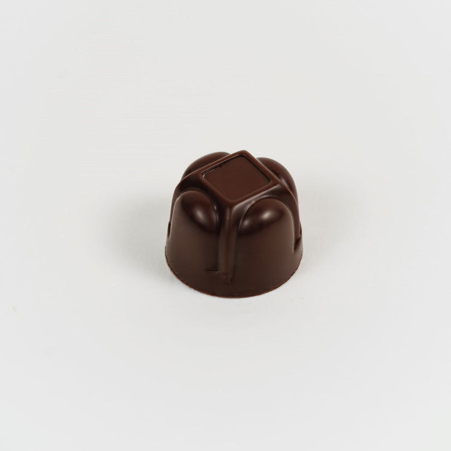 Artisan Belgian Valence praline in dark chocolate with plain fresh cream, on a white background.