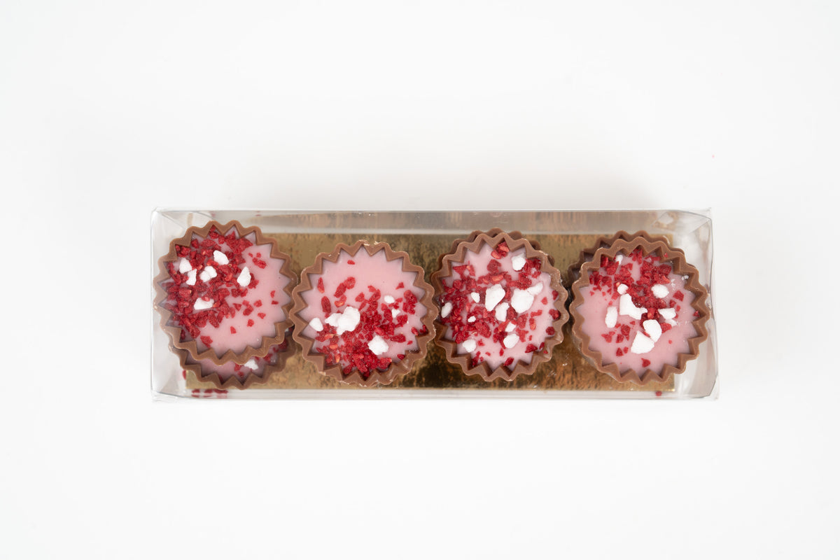 Top view of raspberry chocolate tartelettes with artisan ganache in gift box