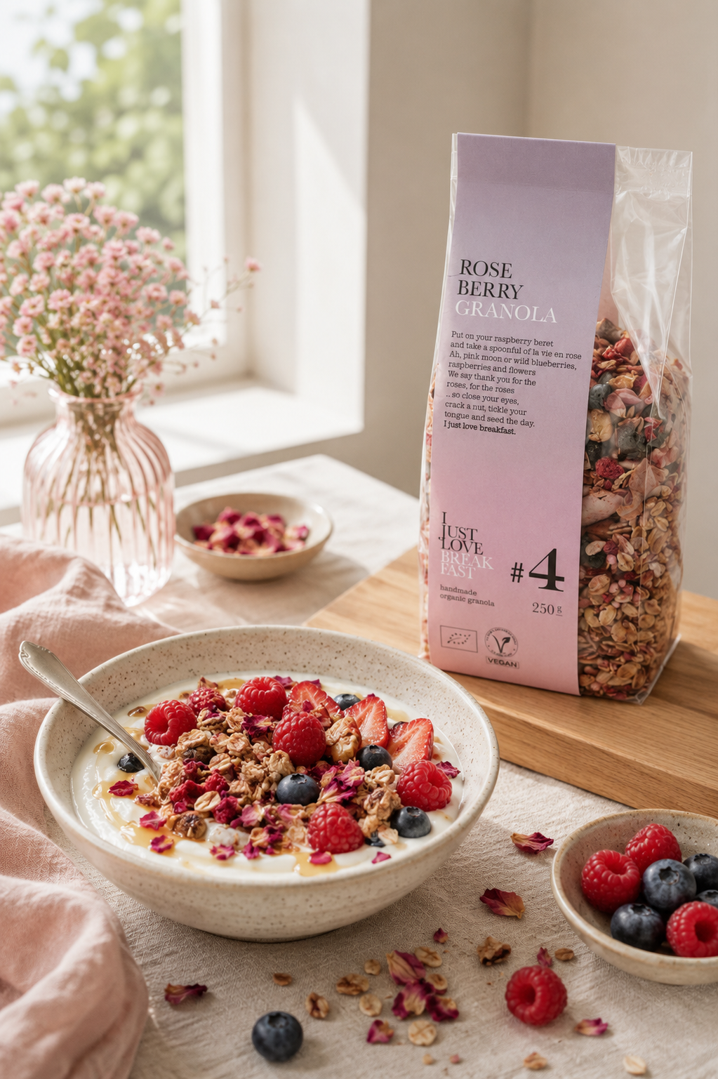 Rose Berry Granola beside a creamy yogurt breakfast bowl topped with raspberries, blueberries, strawberries and rose petals in a bright Scandinavian-inspired morning setting.