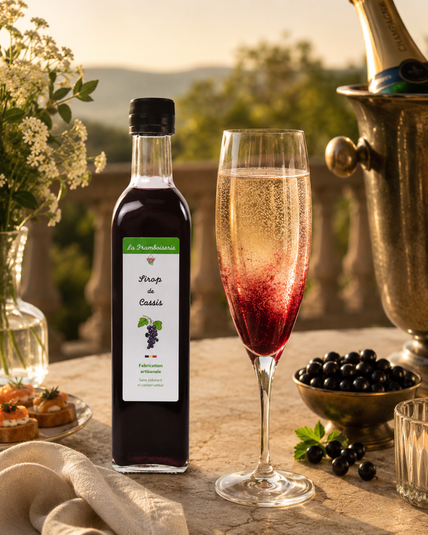 Sirop artisanal de cassis La Framboiserie servi avec une coupe pétillante dans une ambiance d’apéritif français élégante au coucher du soleil.