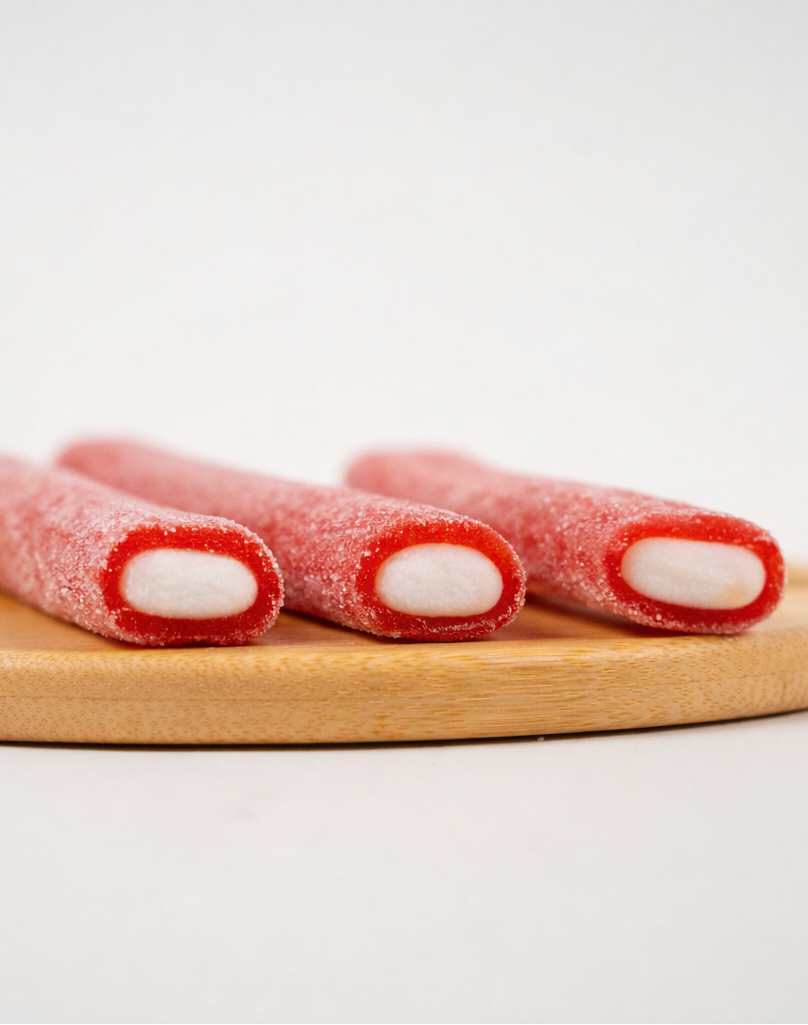 Strawberry sour liquorice sticks with soft white filling on bamboo board – Le Péché Mignon candy
