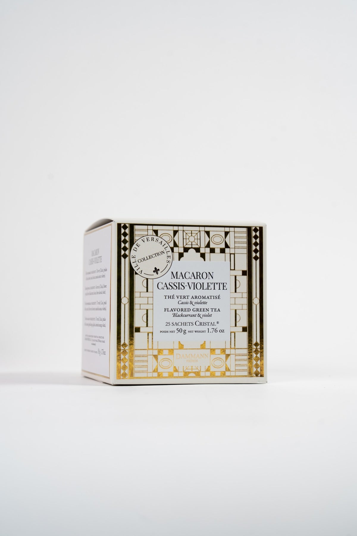 Boîte de thé vert aromatisé Macaron Cassis-Violette Dammann Frères, 25 sachets.