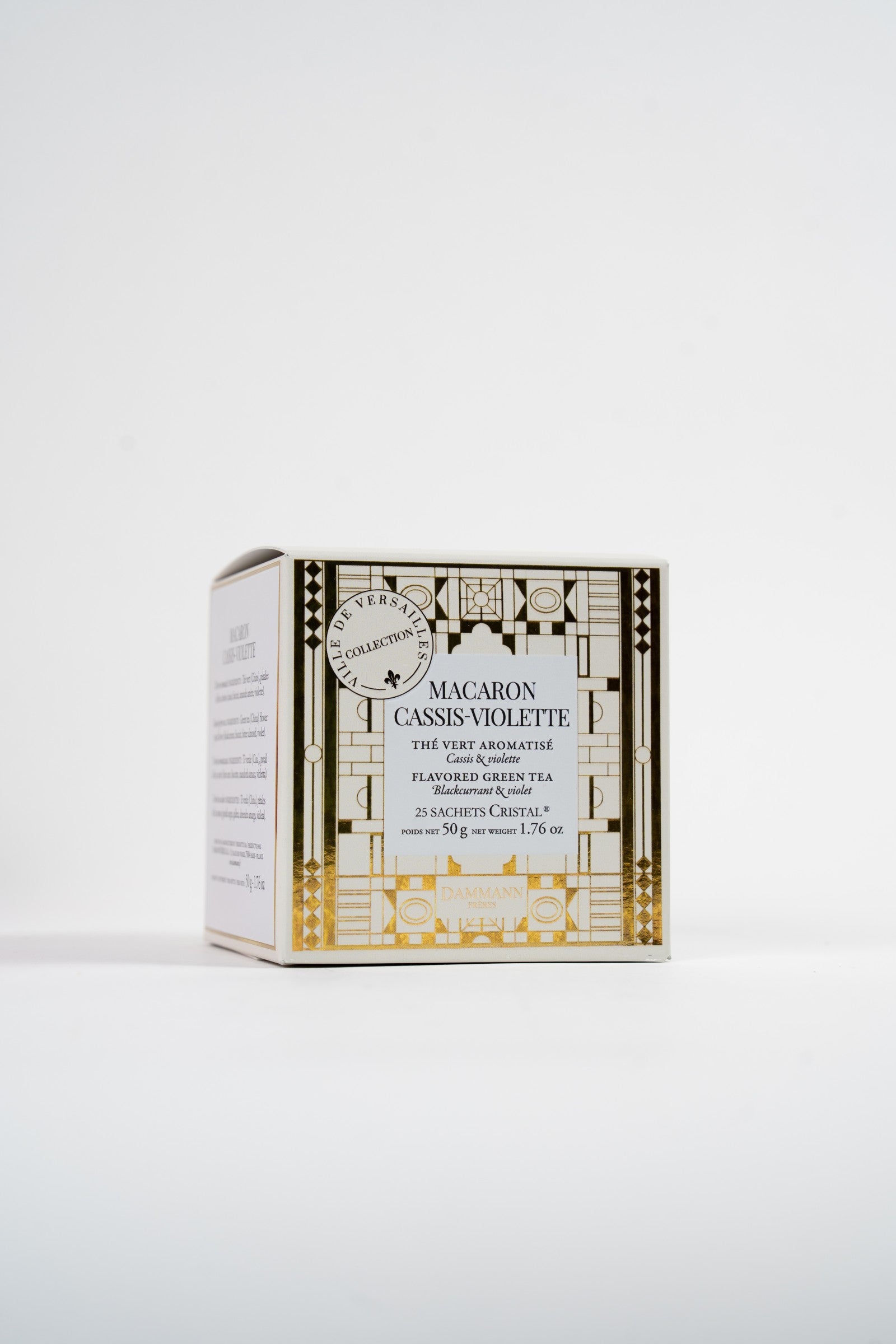Boîte de thé vert aromatisé Macaron Cassis-Violette Dammann Frères, 25 sachets.