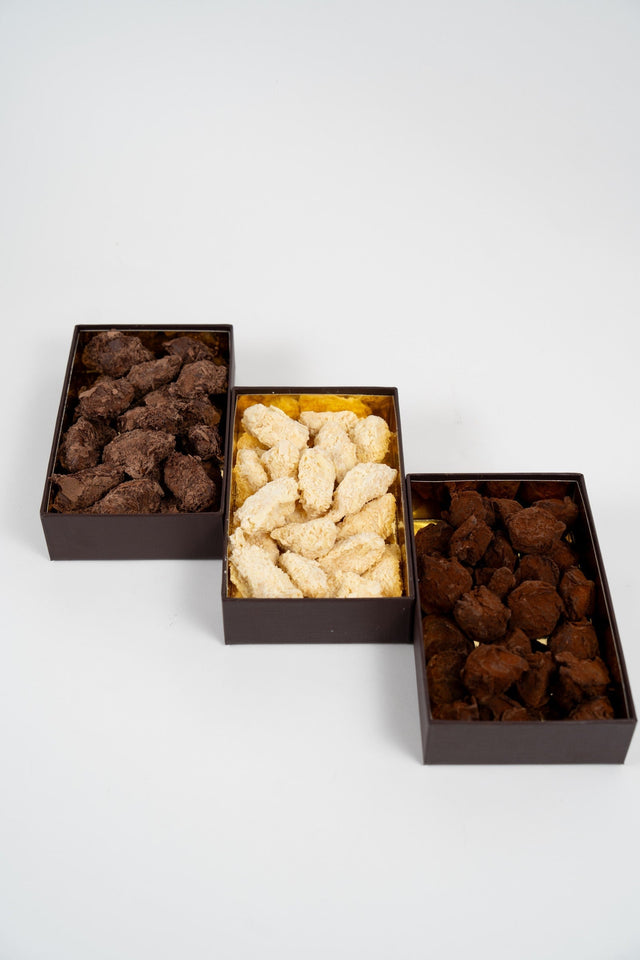Belgian artisan cocoa truffles presented as an assortment